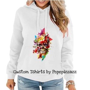 FLOWER SKULL DESIGN HOODIE SWEATSHIRT. COZY. Handmade